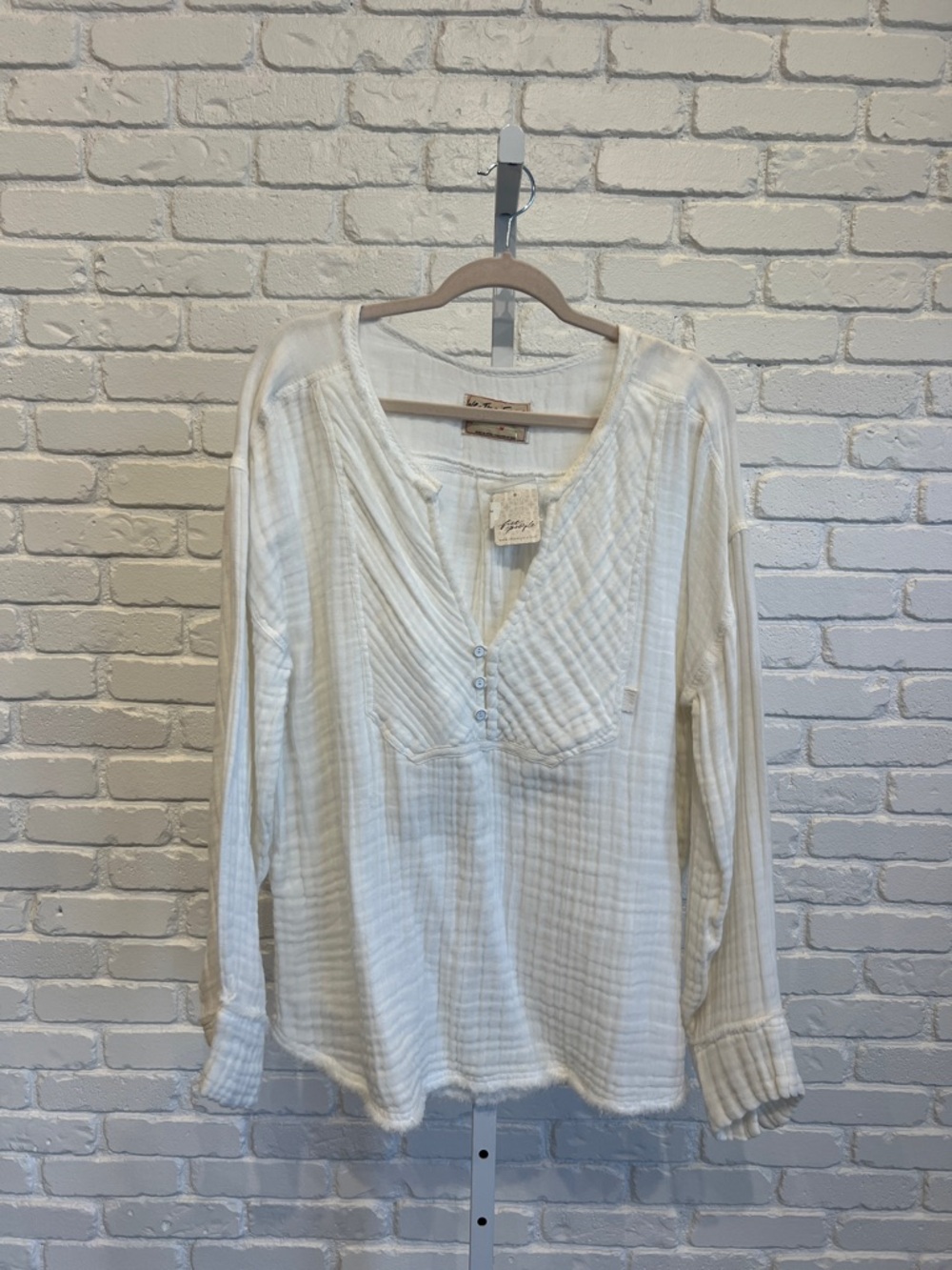 Soft Gauze White Long-Sleeve Henley Top - Easy Sunday Top in White